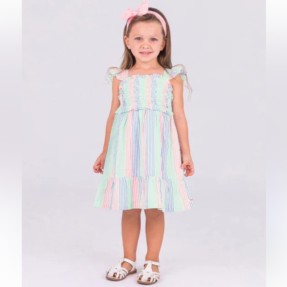 Ruffle Butts Seersucker smocked Striped girls cotton Dress in Pastel Colors Sz 6